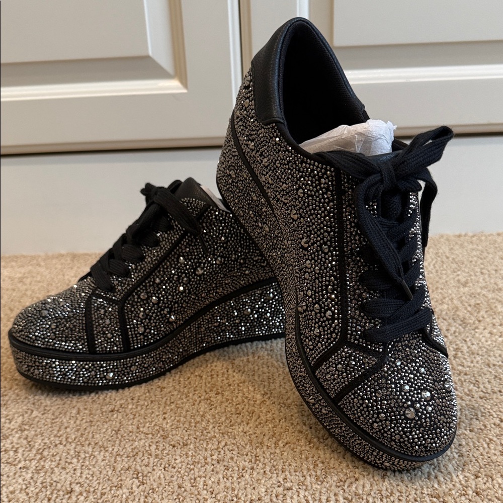 INC International Concepts Black Crystal-Embellished Lace-Up Sneakers